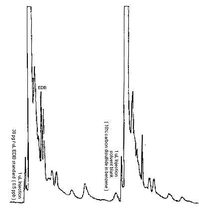 Chromatograms at the analytical detection limit of EDB and of solvent blank